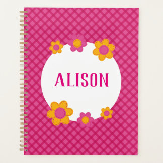 Floral fuchsia plaid girl name planner