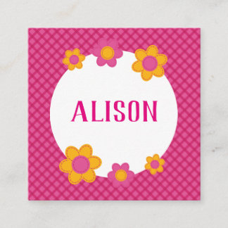 Floral fuchsia plaid girl name square business card