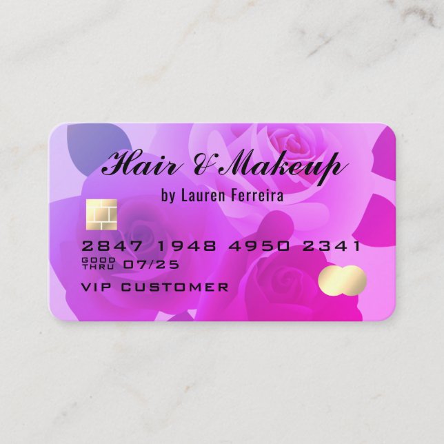 Floral Fuchsia Stylish Purple Faux Credit Card (Front)