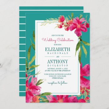Floral Fuchsia Turquoise Watercolor Wedding Invitation by YourWeddingDay at Zazzle
