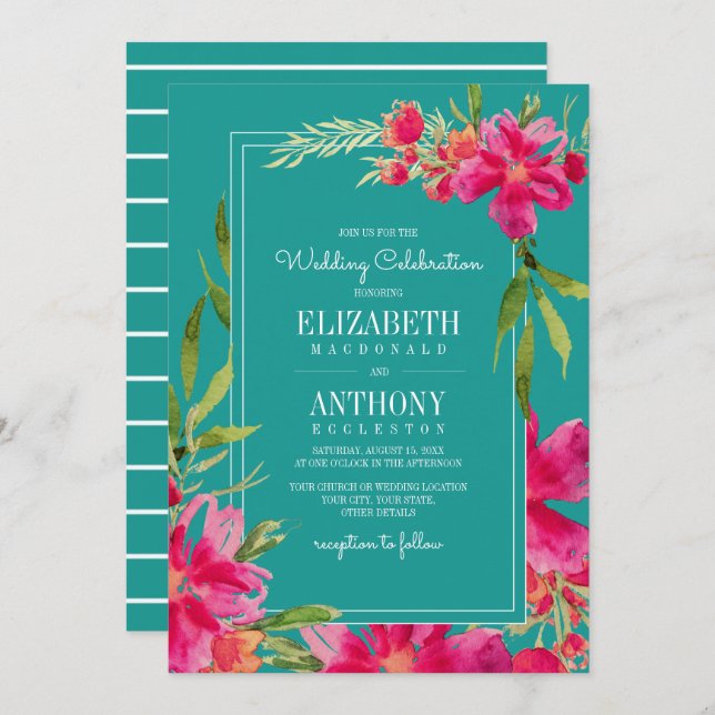 Floral Fuchsia Turquoise Watercolor Wedding Invitation (Front/Back)