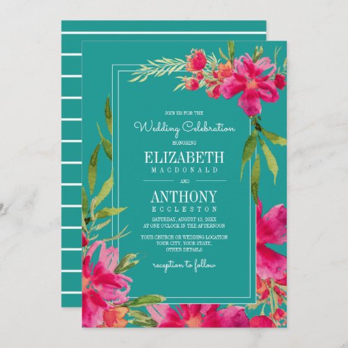 Floral Fuchsia Turquoise Watercolor Wedding Invitation