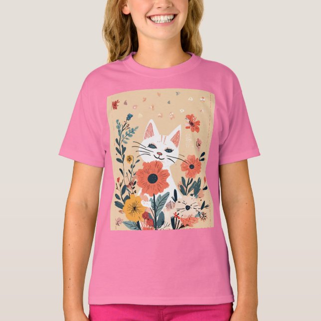 "Floral Fun: Cat's Playtime with Flowers" T-Shirt (Front)