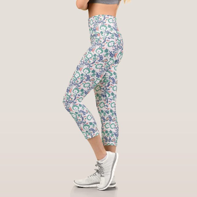Floral Fun Print On White Capri Leggings (Left)