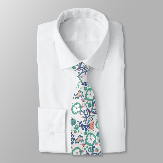 Floral Fun Print On White Neck Tie (Tied)