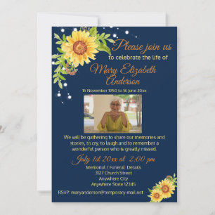 Floral Funeral Celebration of Life Photo Blue Invitation