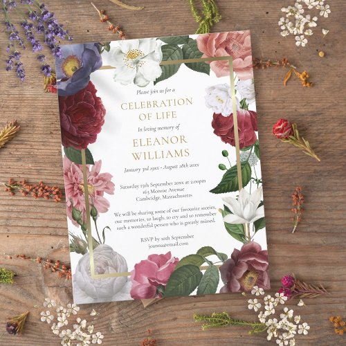 Floral Funeral Gold Celebration of Life Announcement Postcard