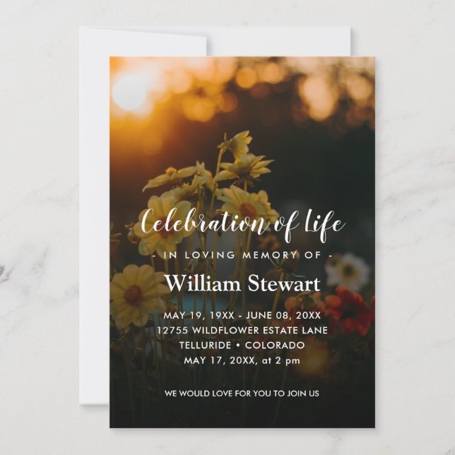 Floral Funeral | Golden Hour Celebration of Life Invitation (Front)