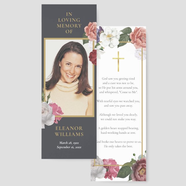 Floral Funeral Memorial Photo Prayer Poem Bookmarks (Front & Back)
