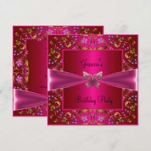 Floral Fushia Pink Butterfly Birthday Party Invitation