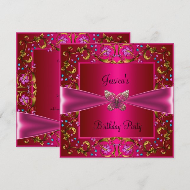 Floral Fushia Pink Butterfly Birthday Party Invitation (Front/Back)