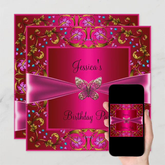 Floral Fushia Pink Butterfly Birthday Party Invitation 