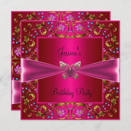Floral Fushia Pink Butterfly Birthday Party Invitation