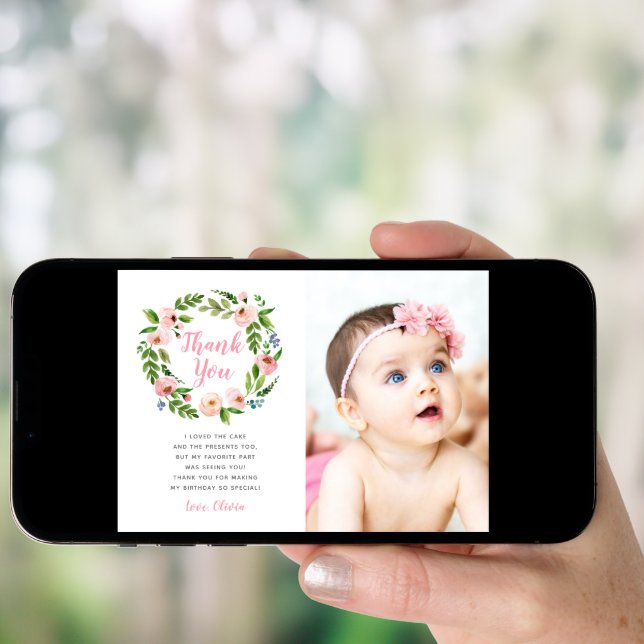 Floral Garden 1st Birthday Photo Thank You Cards (Front Digital)