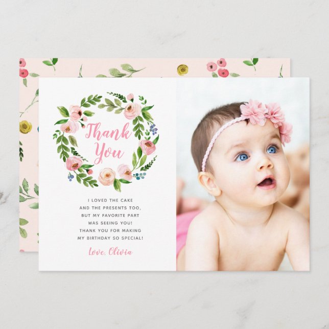 Floral Garden 1st Birthday Photo Thank You Cards (Front/Back)