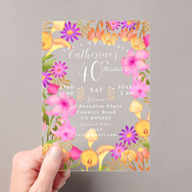 Floral Garden 40th Birthday Acrylic Invitations (Insitu (Handheld))