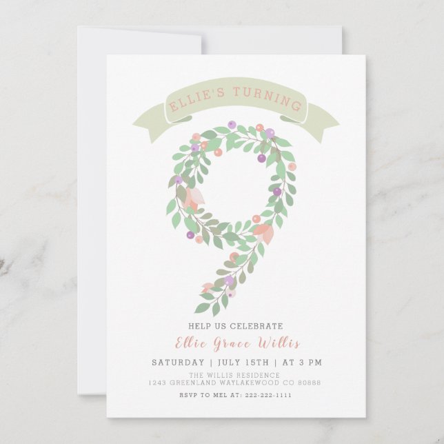 Floral Garden 9th Birthday Party Invite (Front)