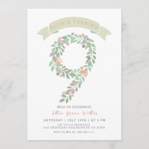 Floral Garden 9th Birthday Party Invite