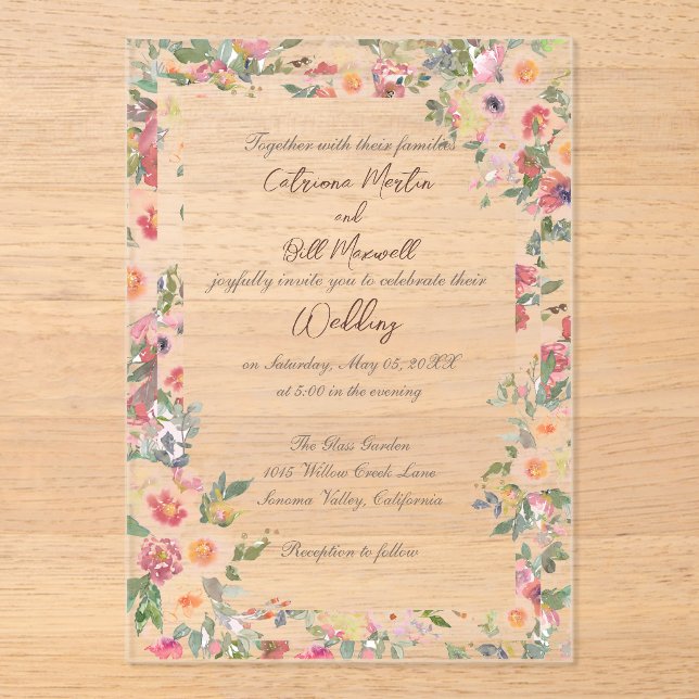 Floral Garden Acrylic Clear Wedding Invitation (Front)