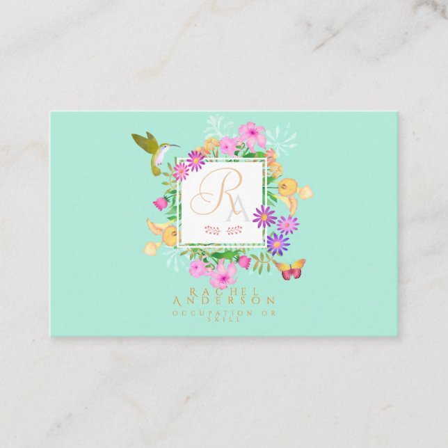 Floral Garden Aqua Horizontal Business Card (Front)