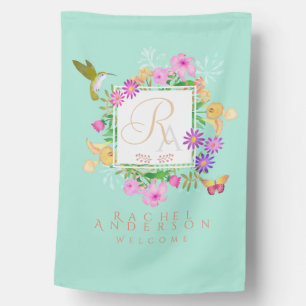 Floral Garden Aqua Monogram House Flag