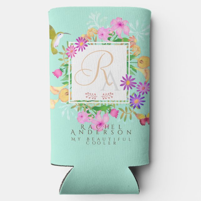 Floral Garden Aqua Monogram  Seltzer Can Cooler (Back)