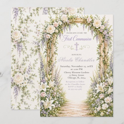 Floral Garden Arch First Communion Invitation