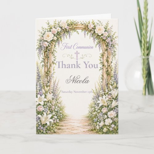 Floral Garden Arch First Communion Thank You Card