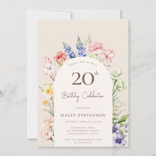 Floral Garden Arch Whimsical Beige 20th Birthday Invitation (Front)