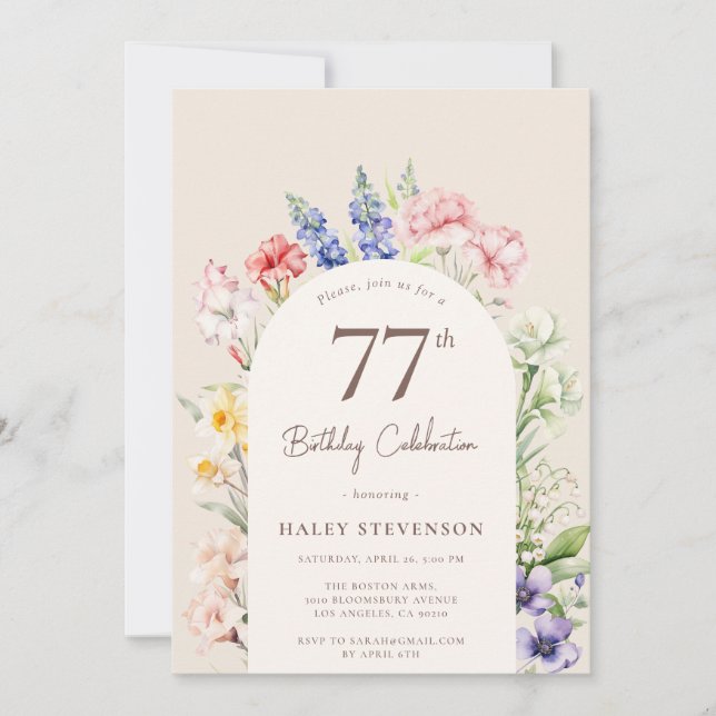 Floral Garden Arch Whimsical Beige 77th Birthday Invitation (Front)