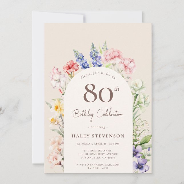 Floral Garden Arch Whimsical Beige 80th Birthday Invitation (Front)