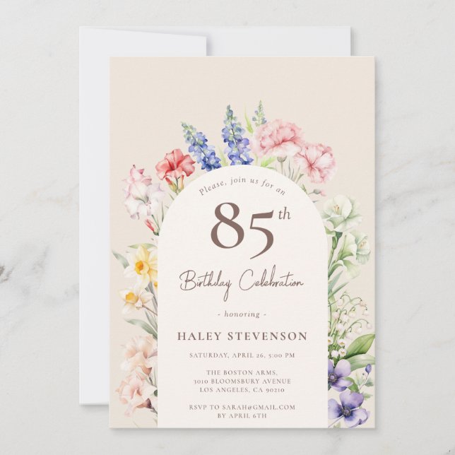 Floral Garden Arch Whimsical Beige 85th Birthday Invitation (Front)