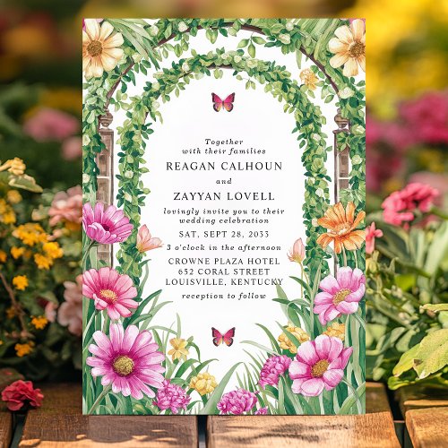 Floral Garden Archway And Butterfly Wedding Invitation