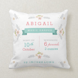 Floral Garden Baby Girl Stats Throw Pillow