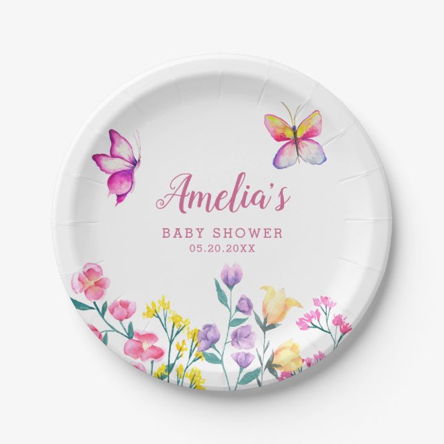 Floral Garden Baby Shower Butterfly Theme Paper Plates (Front)