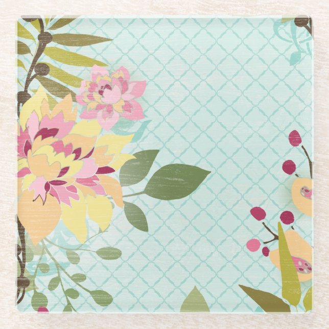 Floral Garden, Blue Background Glass Coaster (Front)