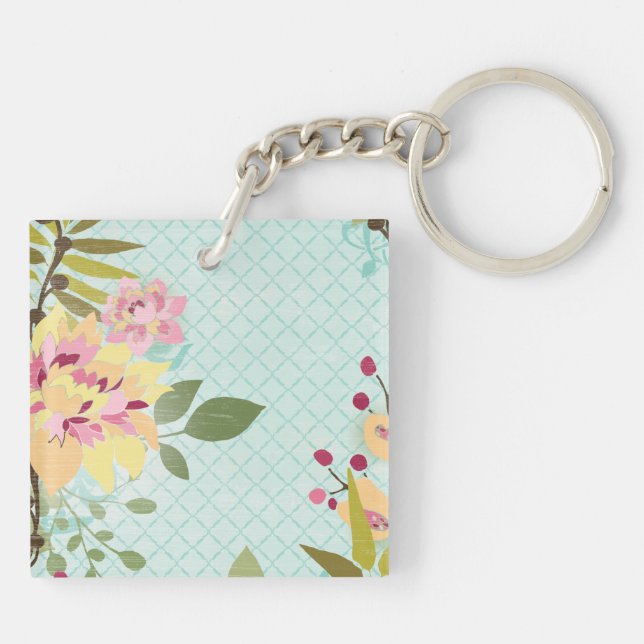 Floral Garden, Blue Background Keychain (Back)
