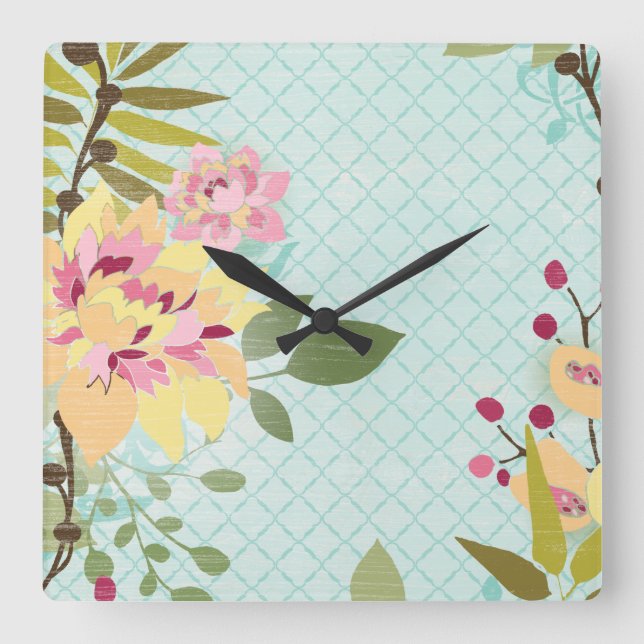 Floral Garden, Blue Background Square Wall Clock (Front)