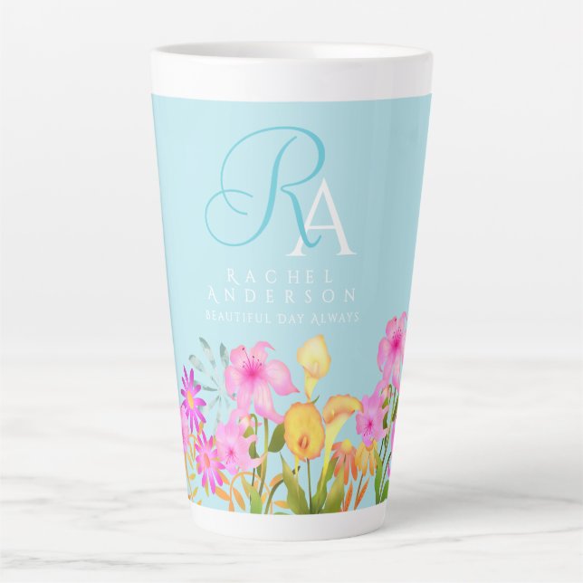 Floral Garden Blue Monogram Latte Mug (Front)