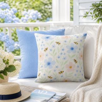 Floral Garden Blue Pink Flowers with Bees Outdoor Pillow