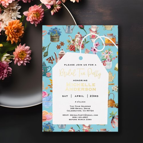 Floral Garden Blue Tea Party Bridal Shower Gold Foil Invitation