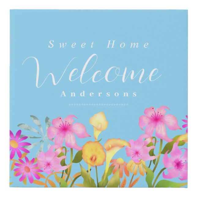 Floral Garden Blue Welcome Faux Canvas Print (Front)