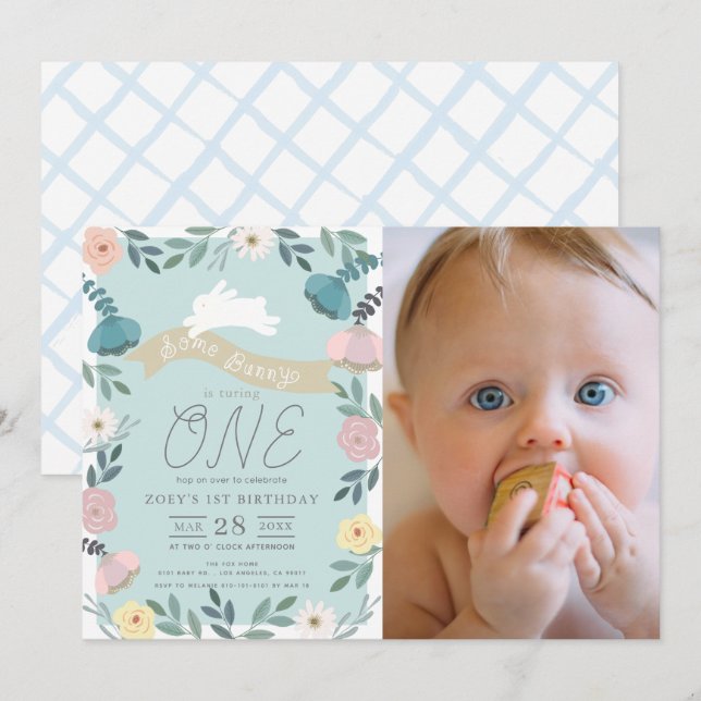 Floral Garden Blue White Bunny Photo 1st Birthday Invitation (Front/Back)