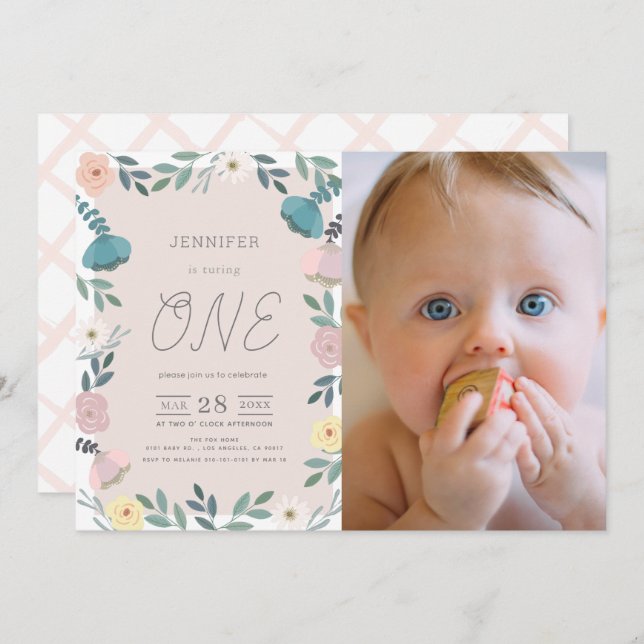 Floral Garden Blush Pink GIrl Photo 1st Birthday Invitation (Front/Back)