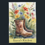 Floral Garden Boots and Wildflowers Kitchen Towel<br><div class="desc">This customizable watercolor kitchen towel is a perfect gift for the gardner in your life or for yourself and is sure to brighten up any kitchen. I hope it makes you happy . . . that is my goal and passion! ⭐You can be creative and customize all my designs by...</div>