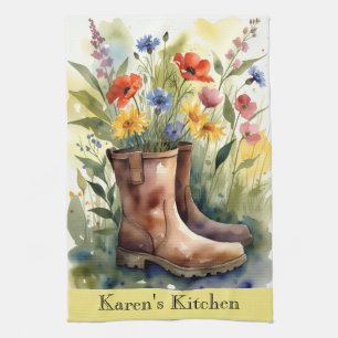 Floral Garden Boots and Wildflowers Kitchen Towel