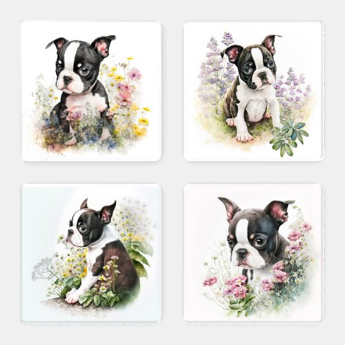 Floral Garden Boston Terrier Puppy Coaster Set