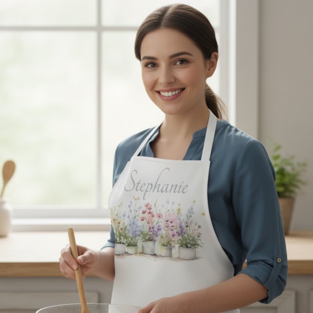 Floral Garden Botanical Name Gift Apron (Potted flowers personalized apron)