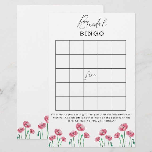 Floral garden bridal shower bingo game (Front/Back)