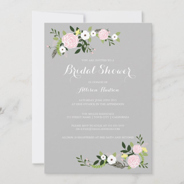 Floral Garden Bridal Shower Invitation -gray (Front)